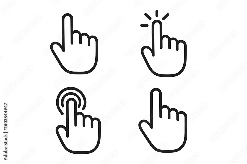 Aufkleber Hand cursor pointer and click icon set for web design. Vector illustration of a clicking finger for a computer interface button. Touchscreen gesture and tap symbol collection.