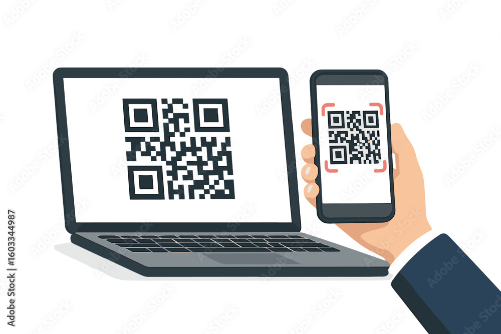 Poster hand holding phone and scanning qr code on laptop screen. barcode scanner technology for mobile paym