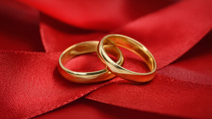 Two gold wedding rings lie gracefully on a red satin ribbon, symbolizing unity and romance