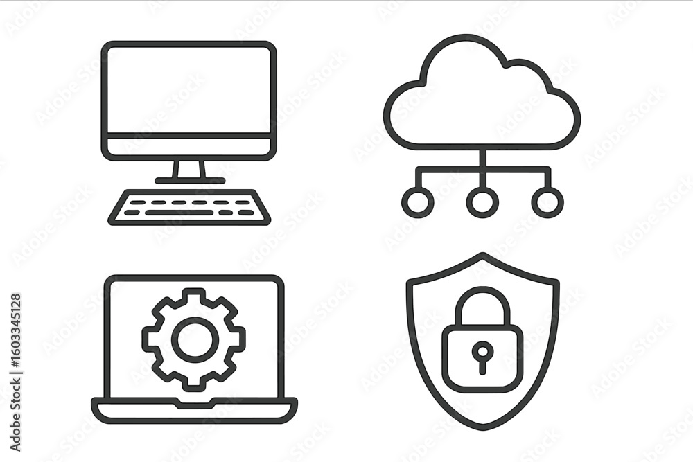 Fototapete Information technology line icon set. IT concepts for web and mobile app design. Vector icons of computer, cloud computing, network, laptop settings, and cybersecurity shield.
