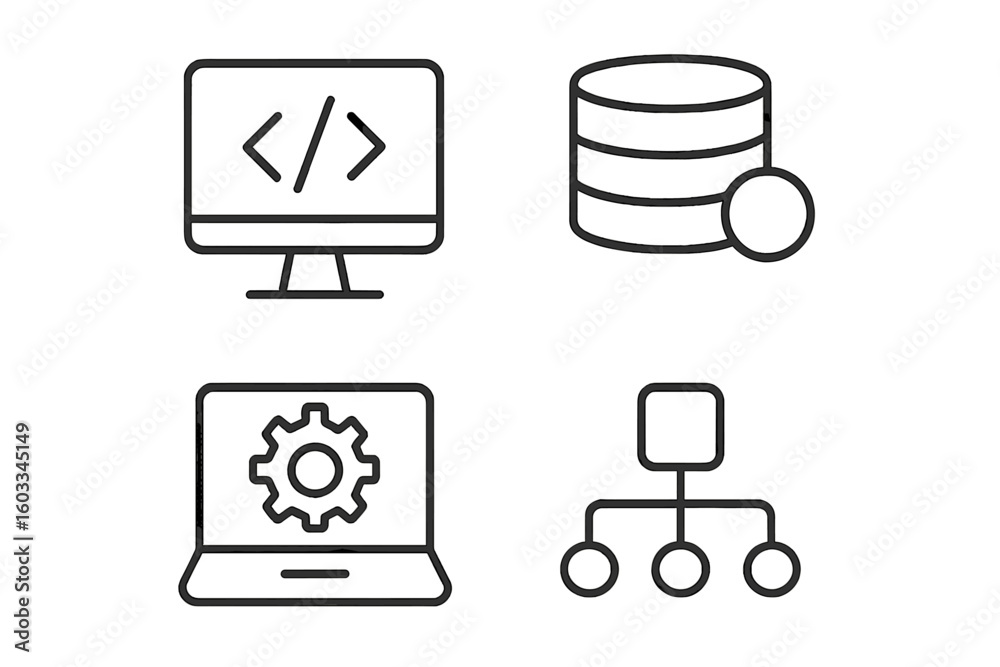Fototapete Information technology line icon set. IT icons for web and mobile app. Vector symbols for coding, programming, database, server, settings, and sitemap. Developer concept.