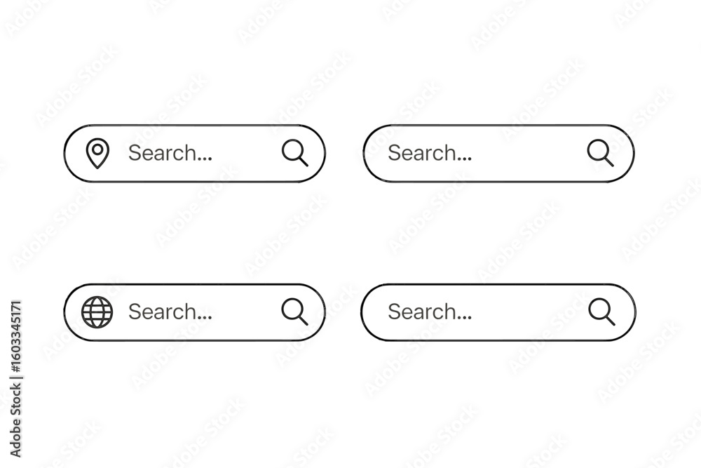Poster Search bar vector icon set for UI and UX design. Collection of website navigation and address search form templates. Minimalist line art for web interface elements.