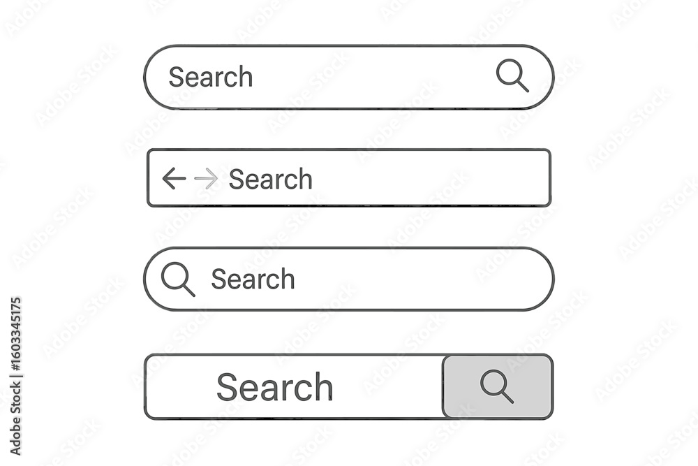 Poster Search bar vector icon set for UI UX design. Website navigation element collection. Search box and form template with magnifying glass icon for web interface and application.