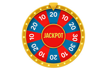 Colorful wheel of fortune for gambling and lottery. Casino prize wheel with jackpot. Spin and win concept for online games. Lucky roulette vector illustration for promotion.