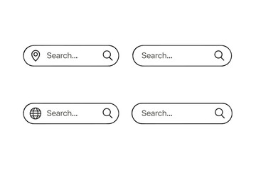 Search bar vector icon set for UI and UX design. Collection of website navigation and address search form templates. Minimalist line art for web interface elements.