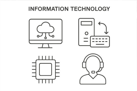 Modern Information Technology Line Icons Set – Cloud Computing, Data Processing, Microchip, Technical Support, Computer Hardware, Web Services, Editable Vector for Digital and Print Use