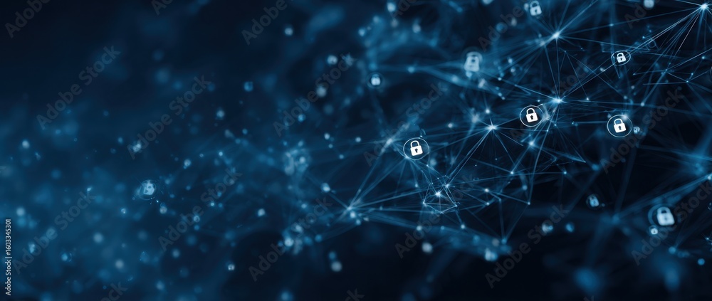 Poster a digital illustration of interconnected networks with security icons, representing network security