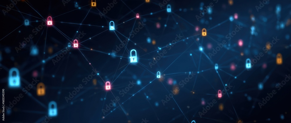 Poster a blue background with interconnected nodes representing network security, each bulb glowing in diff