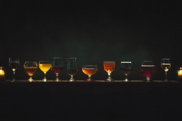 Various alcoholic drinks served in glasses and standing on bar counter in dark pub or restaurant, creating moody and atmospheric scene