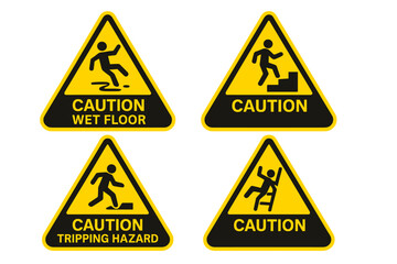 Workplace safety signs set. Caution symbols for hazards like wet floor, tripping, falling from ladder, and stairs. Vector pictogram icon collection for risk and accident prevention.