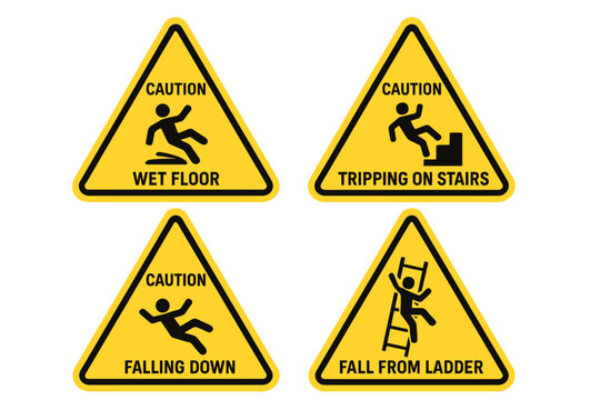 Caution signs set. Workplace safety warning symbols. Falling man pictogram, wet floor, tripping on stairs, fall from ladder hazard icons. Vector illustration isolated collection. - Powered by Adobe
