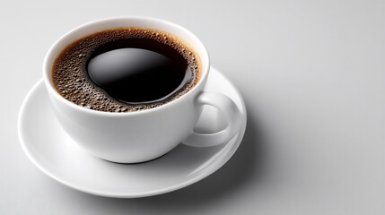 a single black coffee cup seen from above on a clean white table, minimalist drink concept,