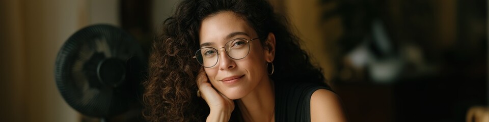Fototapeta premium Young hispanic female with glasses relaxing indoors