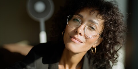 Mature caucasian female with curly hair and glasses in sunlight