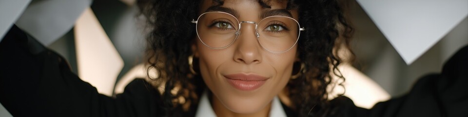 Confident young african female with glasses smiling under papers