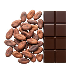 Dark Chocolate Bar and Cocoa Beans on Transparent Background