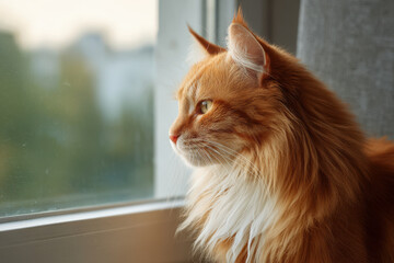 fluffy cat perched on windowsill intently observing colorful birds playing in garden outside