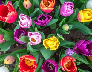 Obraz premium Overhead View of Vibrant Multicolored Tulips Blooming in Earthy Garden Soil