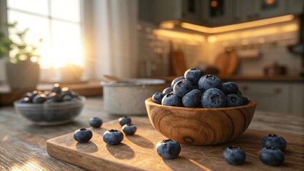 Fresh Blueberries in Wooden Bowl on Kitchen Table at Sunset