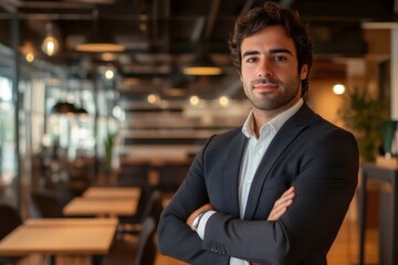 Fototapeta premium Portrait of a successful entrepreneur standing with crossed arms, exuding confidence and professionalism in a stylish office environment