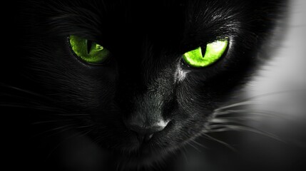 Mysterious black cat with glowing green eyes in dark dramatic lighting