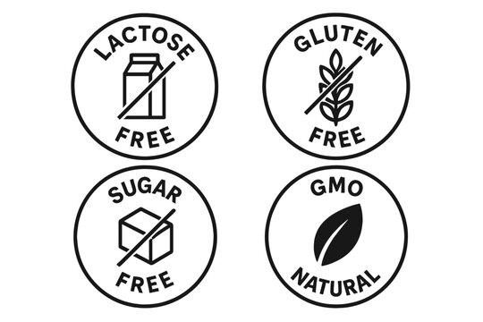 Set of food icons. Lactose free, gluten free, sugar free, GMO free, natural, organic product labels. Healthy diet symbols for packaging. Allergen free vector sticker badge.