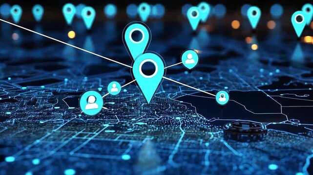 A digital map with glowing blue location pins highlighting various points of interest.
