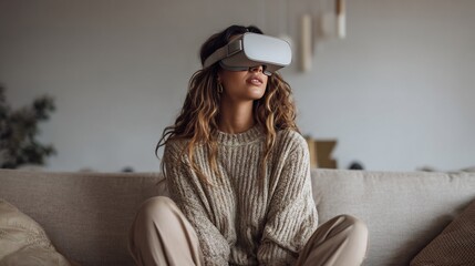 Young woman experiencing virtual reality in cozy home environment on the sofa