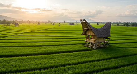 Serene Traditional House Amidst Lush Rice Terraces at Sunrise