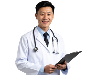 Smiling Asian Male Doctor with Clipboard - Isolated on White Background