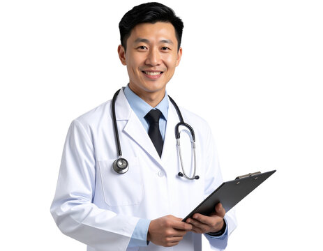Smiling Asian Male Doctor with Clipboard - Isolated on White Background