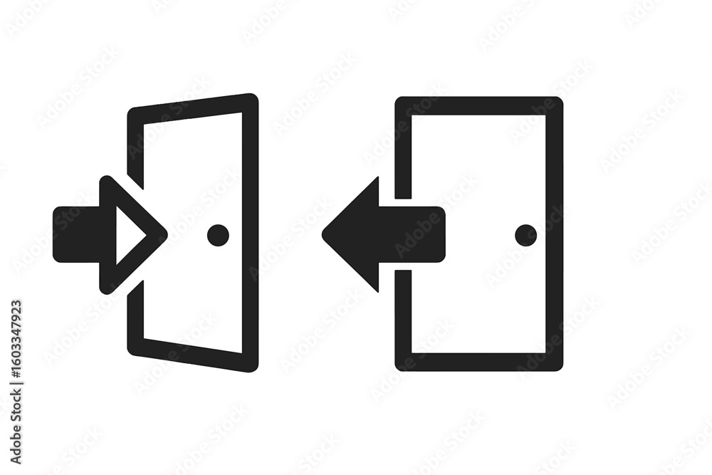Poster enter and exit symbol with open and close door. black arrow vector icon set for entrance and wayfind