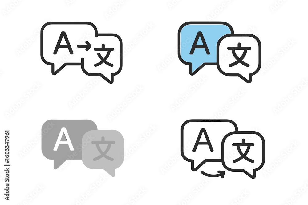 Fototapete set of 4 language translation icons for translator app. chat bubbles with different styles for onlin