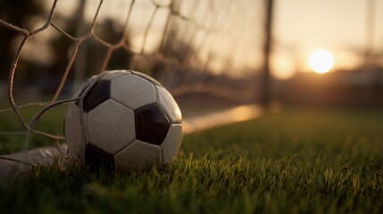 Soccer ball resting in the net on a grassy field during sunset, capturing the essence of evening playtime and sports enthusiasm