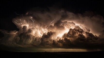 Dramatic lightning storm illuminates clouds at night