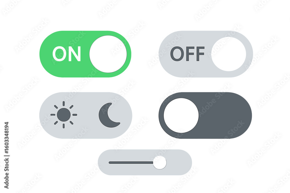 Poster modern ui toggle switch vector set. on off toggle buttons. day night mode icons. mobile app interfac