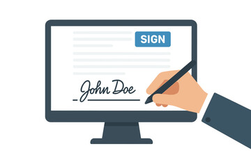 Electronic signature on a computer screen. Digital contract signing concept. Online document agreement technology. Man's hand with pen signing a legal business deal. Vector.