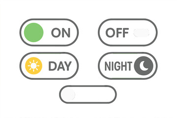Mobile App Switch Buttons Vector Set. On and Off Toggle Switch Icons. Day and Night Mode UI Elements. Slider Interface Controls. Flat Design for User Interface, Web, App, Dashboard, Settings.
