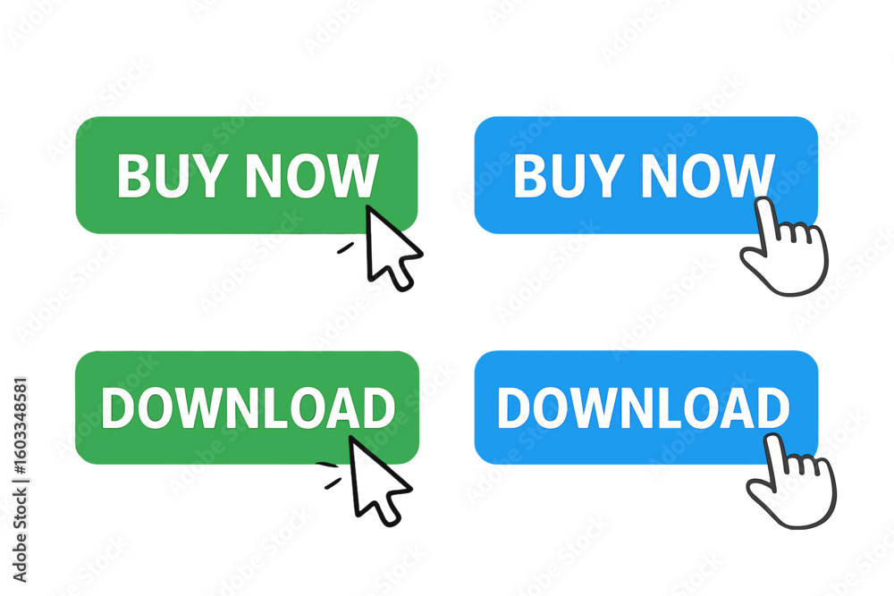 Aufkleber set of buy now and download buttons for a website. call to action ui element with a computer mouse c