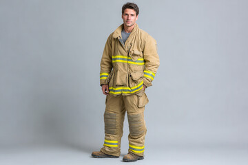 fireman dressed in ultrabright uniform standing confidently against clean background