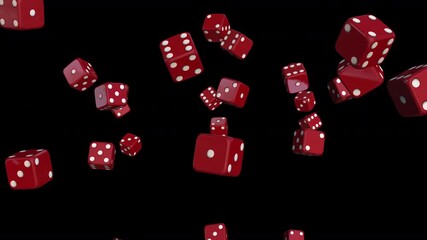 Vertical looping animation of red dice falling endlessly with clean alpha channel. Perfect for gambling apps, game UI and casino-related video content. - Powered by Adobe