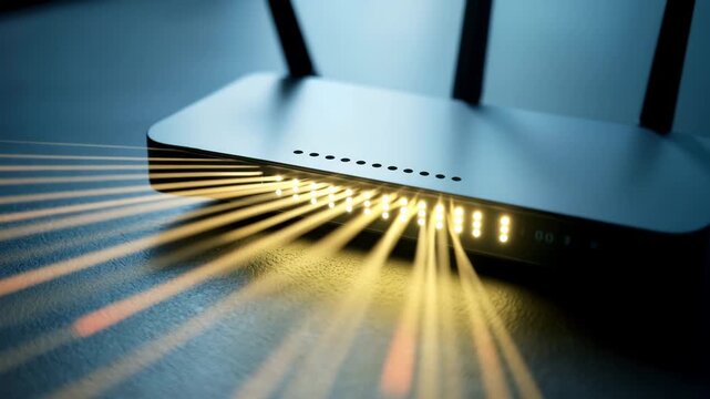 Wireless router with illuminated lights depicting data transfer and internet connection