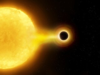 Black hole absorbs matter from the atmosphere of a large star. Singularity destroys sun in space.