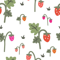 Seamless vector pattern with cute cartoon strawberries, leaves and grass on a white background. Ideal for fabrics, wallpapers and children's designs.