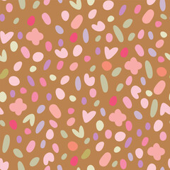 Minimalistic abstract pattern in pastel colors on a brown background, suitable for children's designs.