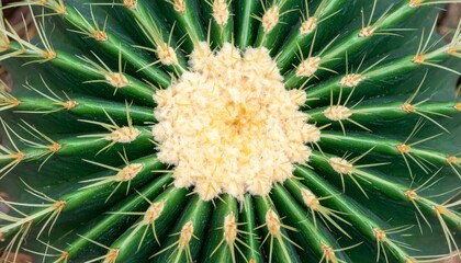 Fototapeta premium Detailed Macro of Green Cactus with Yellow Center and Spines in Sharp Focus