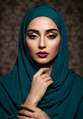 Elegant Woman in Teal Hijab with Stunning Makeup