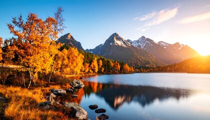 Autumn lake with mountains reflected