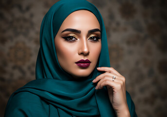 Elegant Woman in Teal Hijab with Stunning Makeup