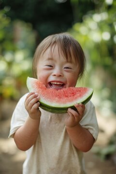 Laughing child with Down syndrome outdoors holding fresh watermelon slice in garden sunshine